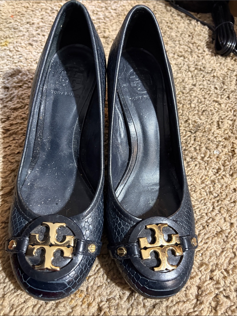 Tory Burch Black Leather Logo Round-Toe Flats with Gold Emblem